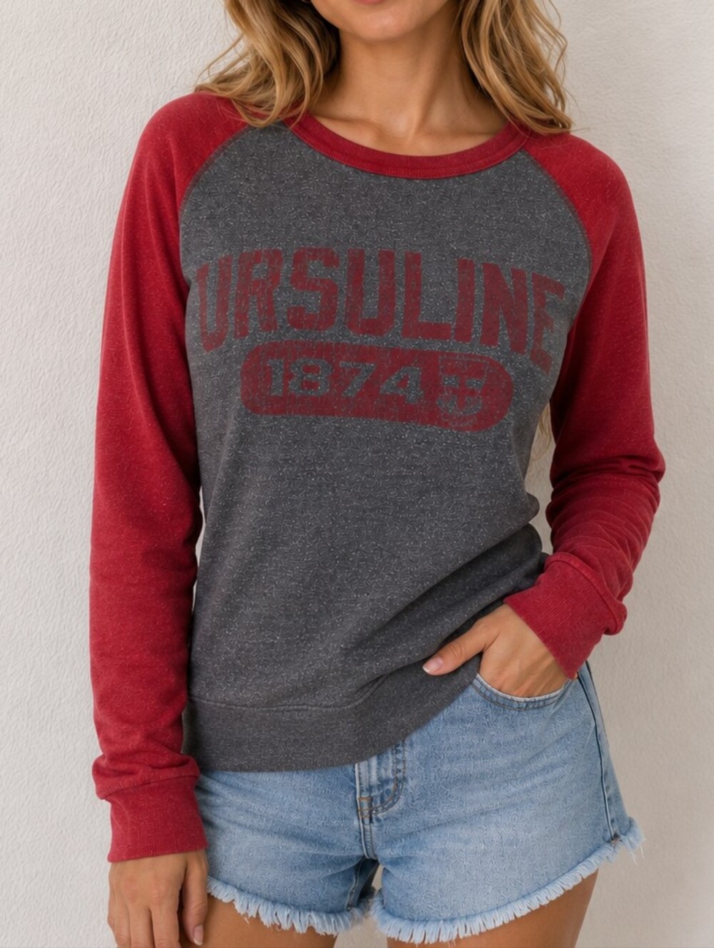 Ursuline 1874 Crewneck Raglan Sweatshirt in Gray and Red